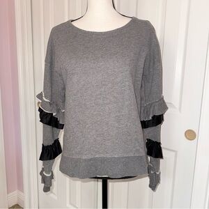 J Crew grey crew neck sweatshirt w/black lined ruffle sleeves size medium